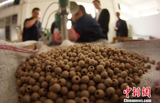 原料中95%的成份為當(dāng)?shù)靥沾蓮U渣,工人將其粉碎后,制作成圓形瓷珠!⊥蹶魂 攝